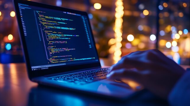 Back view of a programmer working on code in a home office at night. Cozy software development environment with warm lighting.