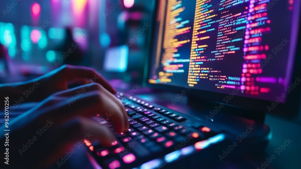 Poster Hands typing on a backlit mechanical keyboard with colorful code on the screen. Software development and IT programming