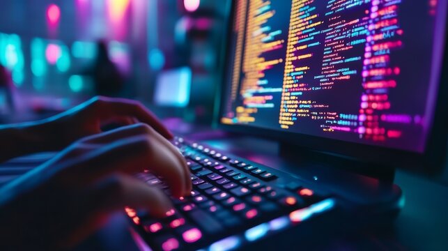 Hands typing on a backlit mechanical keyboard with colorful code on the screen. Software development and IT programming