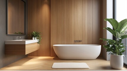 Fototapeta premium Modern Bathroom Interior Design with Freestanding Tub Wood Walls and Plant