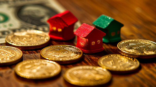 Real estate investment concept showing bitcoin and miniature houses together