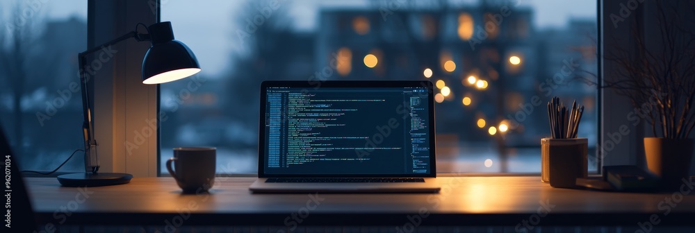 Poster Laptop with programming code on screen in a modern office with night cityscape in the background. Urban software development concept.