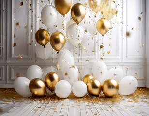 White and gold balloons with gold confetti falling in a white room.