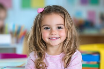 smiling little girl sitting at the table with, kindergarten classroom in the background