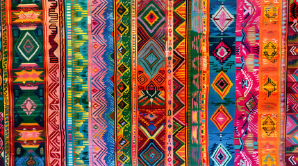 Vibrant Mexican textile patterns with intricate geometric designs in bold colors