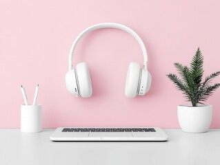Flat lay of a tech workspace laptop, wireless headphones, and portable charger on a wooden surface, Tech gadgets, Work essentials