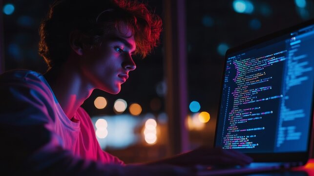 Focused young coder writing code on a laptop in a dark room with colorful bokeh. Night programming and web development concept.