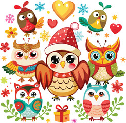 Fototapeta premium Cute Cartoon owls with Santa hat, butterflies, heart, glasses, Flower on white background. Vector illustration.