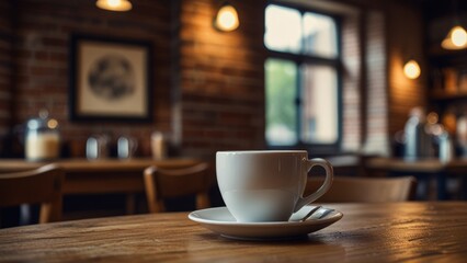 Fototapeta premium Giant Coffee Cup in Vintage Cafe Setting, a massive one-gallon coffee cup sits prominently on a wooden table