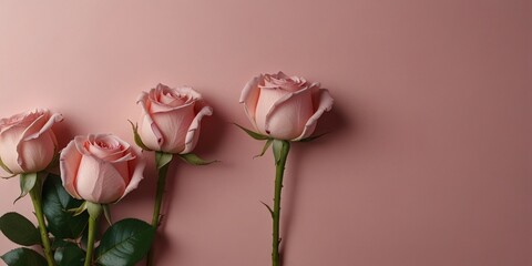 Fototapeta premium Pink roses on pink background. Mother's Day, Birthday, Valentines Day, Womens Day, celebration concept. Space for text. AI generated.