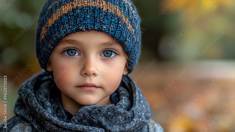 Poster Portrait of a young boy with blue eyes and a knitted hat