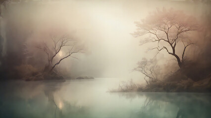 Trees in foggy swamp, atmospheric reflections