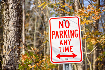 Close up of a No Parking sign in a park in the mountains. Blurred trees and branches are in background. 