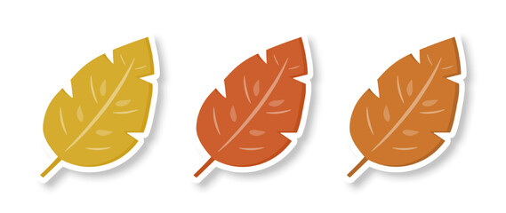 A set of stickers made of three autumn leaves on a white background. The symbol of autumn. Autumn simple illustration on a transparent background. Vector illustration.
