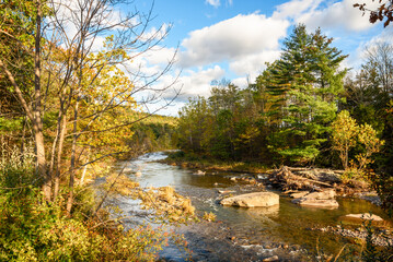 River winding its way through a forested landscape in the mountains at sunset in autumn