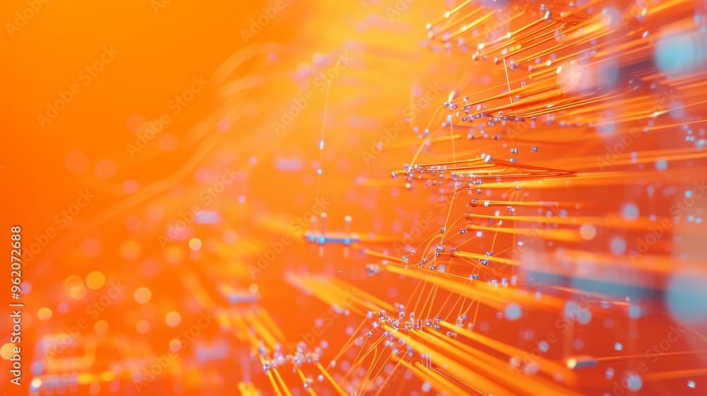 Poster a close-up abstract of orange fiber optic cables transmitting data. the glowing lines and dots sugge