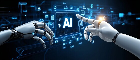 Obraz premium Human and robotic hands reaching, holographic AI interface with media icons, cool blue tech vibe