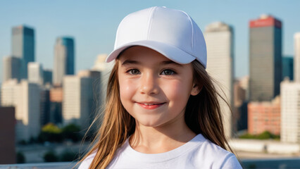 Little girl wearing white t-shirt and white baseball cap standing on cityscape background