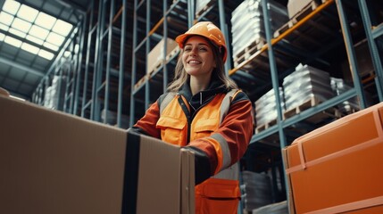 A girl operating a forklift in a warehouse