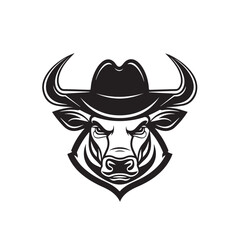 Obraz premium Bull Head with Cowboy Hat Logo Design for Branding, Western, and Adventure Themes
