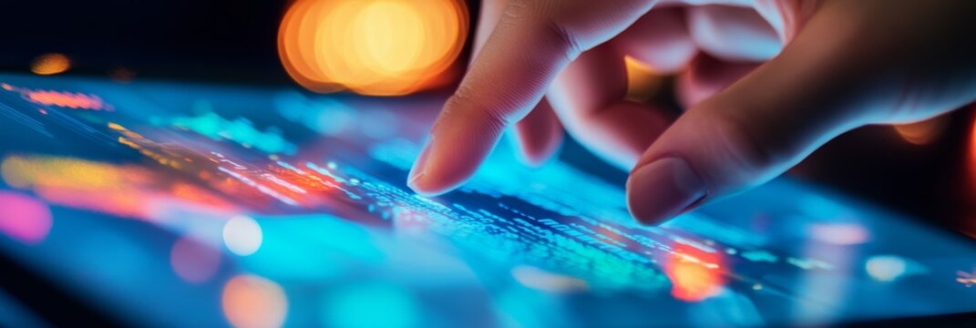 Finger touching a colorful touchscreen with digital code and data. Represents modern tech and coding.