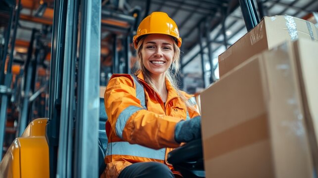 A girl operating a forklift in a warehouse