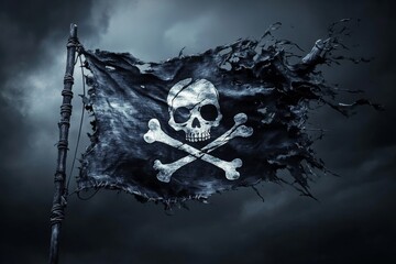 a pirate flag flutters against a dark sky