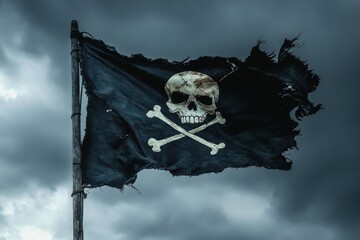 a pirate flag flutters against a dark sky
