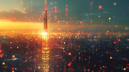 Fototapeta premium An abstract representation of a network tower as a beacon of digital transformation, with light particles and data elements converging over an urban evening panorama