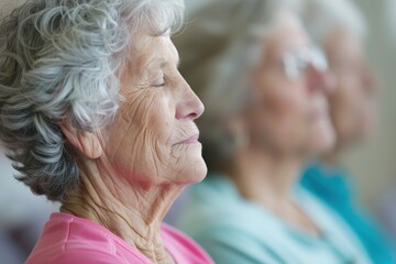 Elderly practicing breath-focused wellness techniques, senior meditation program for inner peace, gentle breathing, retirement wellness activities, mindfulness training for seniors finding serenity.