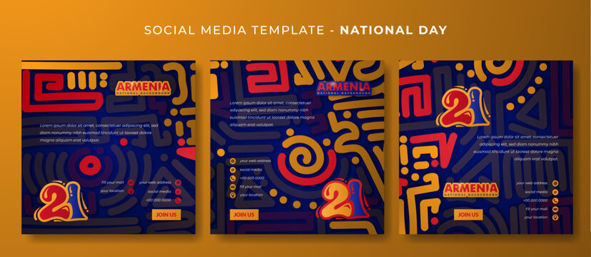 Set of social media post template with abstract rounded maze design in blue background