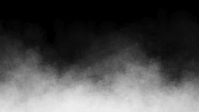 Realistic moving white smoke on black background. Slow motion of fume rising up. White fog floating on dark background. smoke in white color, fog, mist, vapor effects