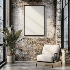 Modern living room with empty frame, indoor plants, and minimalist chair against a textured brick wall