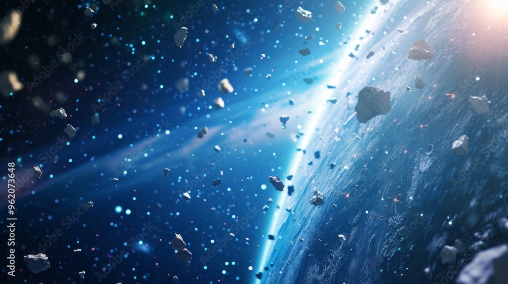 Poster a captivating view of outer space with asteroids floating near a distant planet, against a backdrop 