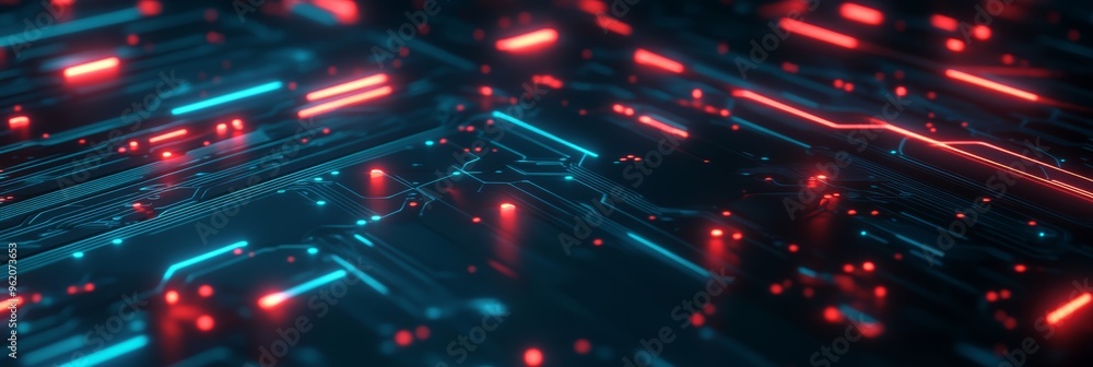 Poster Red and blue illuminated circuit board with data signals moving across. Image symbolizes modern data flow and innovation in electronics.