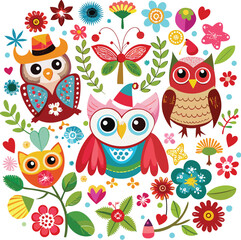Fototapeta premium Cute Cartoon owls with Santa hat, butterflies, heart, glasses, Flower on white background. Vector illustration.