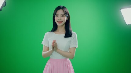 A beautiful woman, wearing a white short-sleeved top and a long pink skirt, with straight black hair and delicate makeup on her face, stands in front of a green screen background, smiling at the viewe