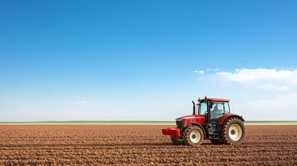 Obraz premium A solar-powered tractor working in a large field under a clear blue sky