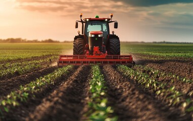 Fototapeta premium An autonomous tractor using laser-guided systems to plow a large field