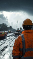 Construction Worker Rain Storm Heavy Equipment Work