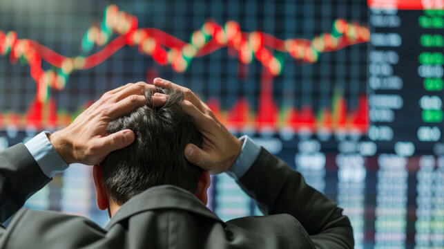 Stressed Businessman Looking At Stock Market Data On A Monitor.  Financial Crisis, Anxiety, Investment Loss.