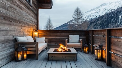 A rustic balcony with wooden furniture, lanterns, and a small fire pit, home balcony, rustic, fire pit