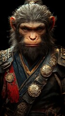 Sun Wukong,Wukong,A monkey warrior in armor, in the style of Chinese mythology, against a black background, game character design,