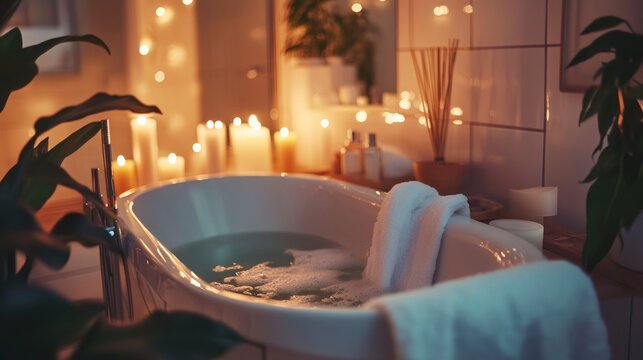 A bathtub filled with warm water and foam with candles and plant in a bathroom, lit by warm string lights.
