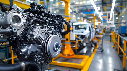 Fototapeta premium Car engine assembly line. modern car engine on a production line in a factory. industrial machinery and a blurred background.