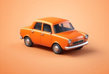3D illustration of car on Empty background. 3D orange cartoon car icon.