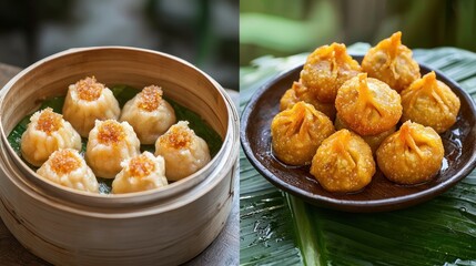 Modaka is a sweet dumpling Which is a traditional offering and a temple in Ganesh Chaturthi festival. Left: Steamed patties. Right: Frying