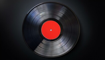 A classic black vinyl record with a red label. The record is isolated on a black background. Perfect for music, nostalgia, and retro concepts.