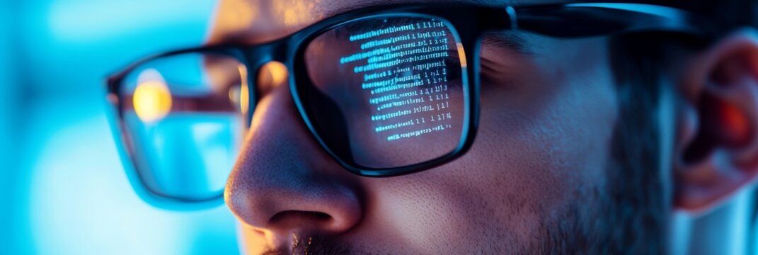 Software developer with glasses coding with code reflecting in the lenses. Tech project during a late-night session.