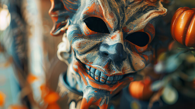 Close-up of a spooky halloween mask with a spiderweb design. the mask is orange and black and has a creepy, perfect for a halloween project.